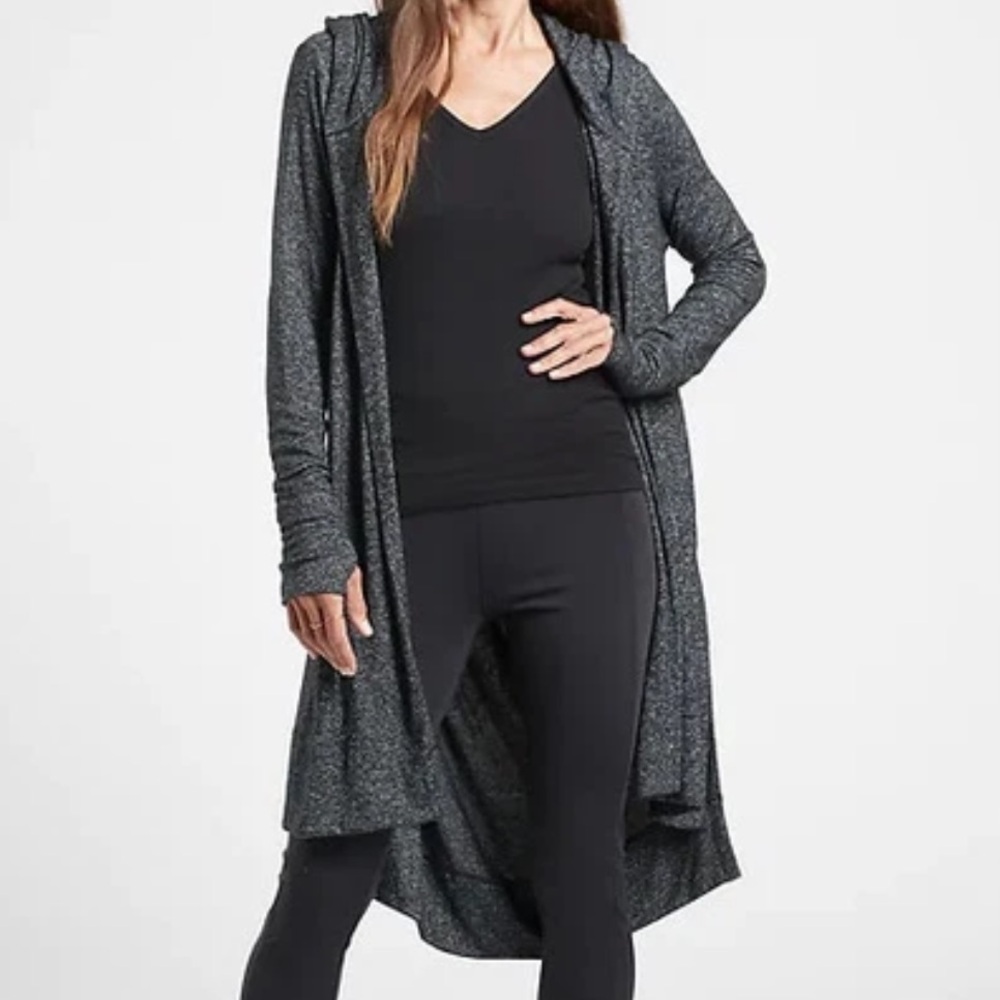 Athleta Harmony Wrap II Heathered Gray Drapey Hooded Open‎ Front Cardigan